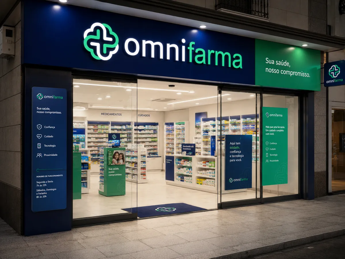 Conceito de fachada azul Omnifarma